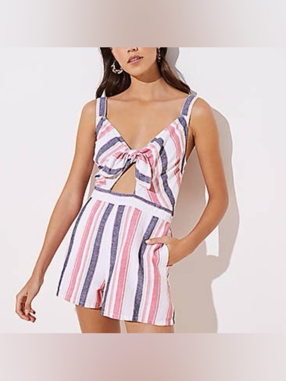 LOFT Pink, White & Blue Striped Tie-Front Short Romper